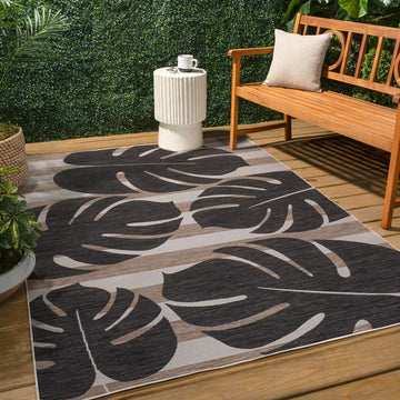 Allison Classic Beach Stripe And Monstera Leaf Indoor/Outdoor Area Rug